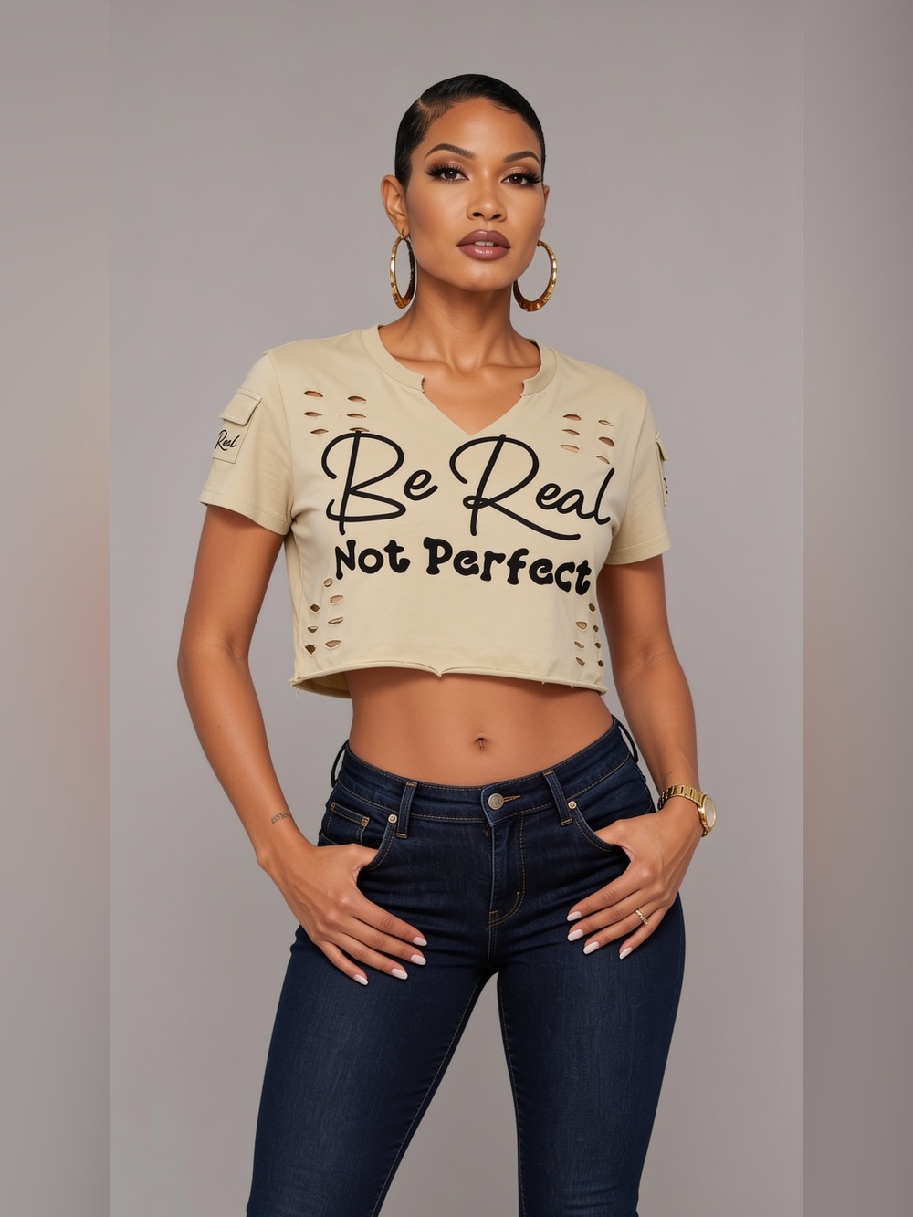 On Fire Cream 'Be Real Not Perfect' Distressed Crop Tee